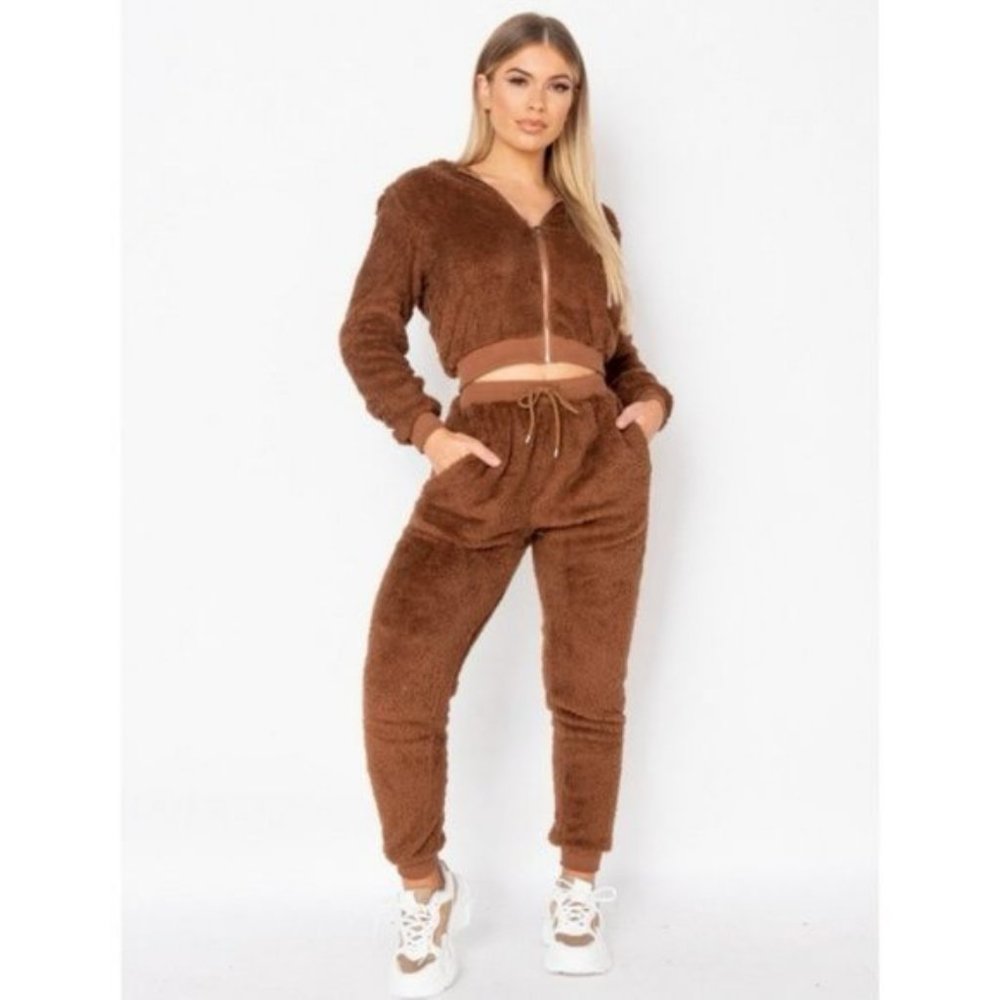 Brown Teddy Bear Fur Long Sleeve Hooded Crop Top and Jogger Pants Two Piece Set - Picture 9 of 15